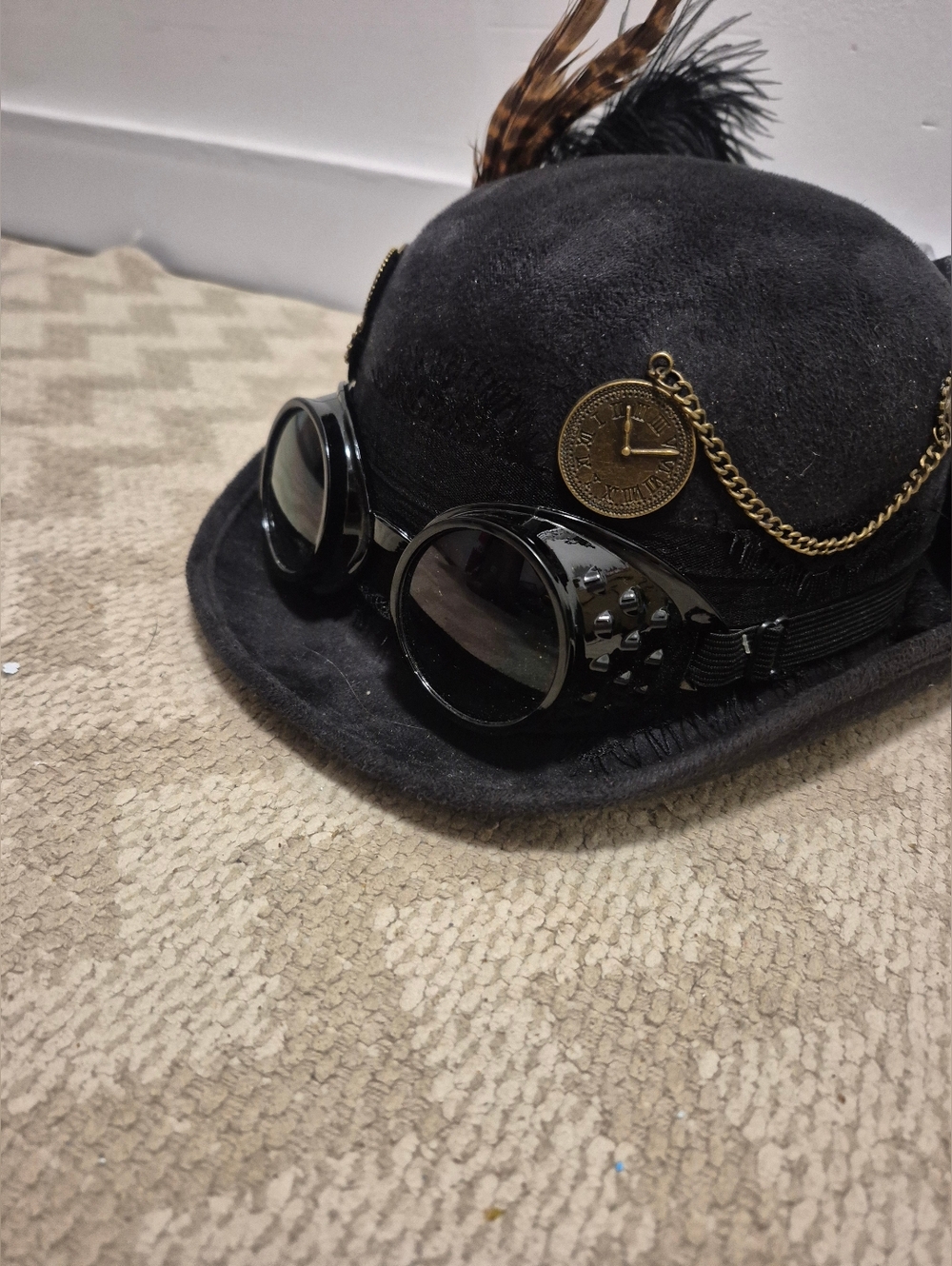 Black Steampunk Bowler Hat with Goggles and Brass Accents New With Tags